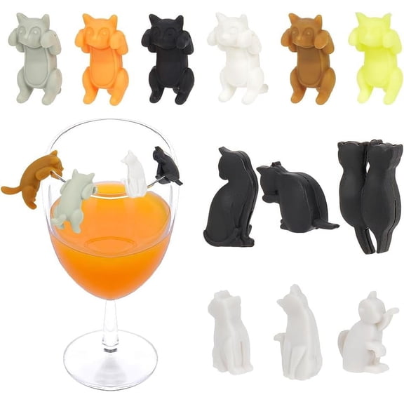 12 Pcs Silicone Drink Markers 2 Styles 6 Colors Assorted Postured Cats Wine Glass Kitty Drink Cup Bottle Label Pet Animal Mugs Tag for Bar Party Wedding Champagne Cocktail