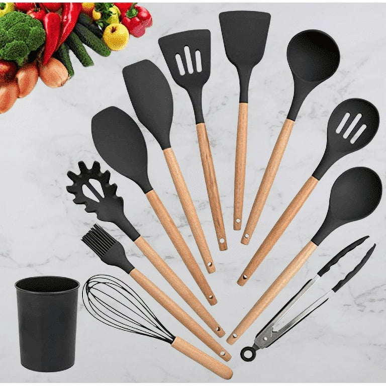 12 Pcs Silicone Kitchen Utensils Set with Holder Wooden Handles Heat Resistant & BPA Free & Non-Toxic(black), Size: 4.92