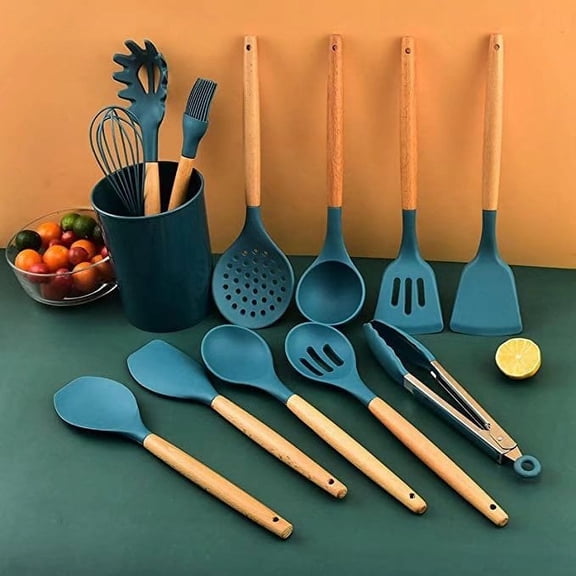12 Pcs Silicone Kitchen Utensils Set with Holder Wooden Handles Heat Resistant & BPA Free & Non-Toxic(blue)