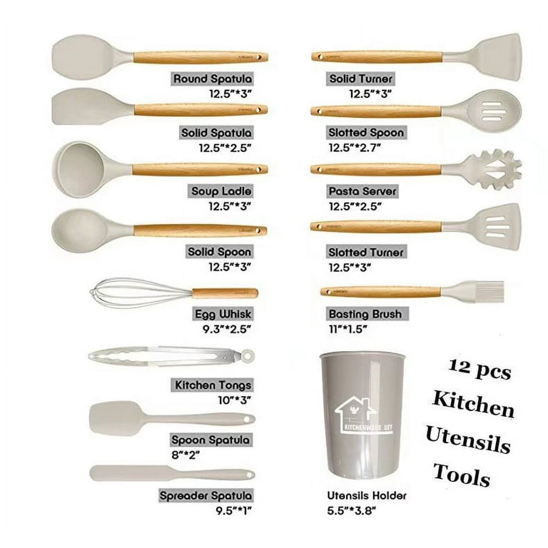 12 Pcs Silicone Kitchen Utensils Set with Holder Wooden Handles Heat  Resistant & BPA Free & Non-Toxic(khaki) 