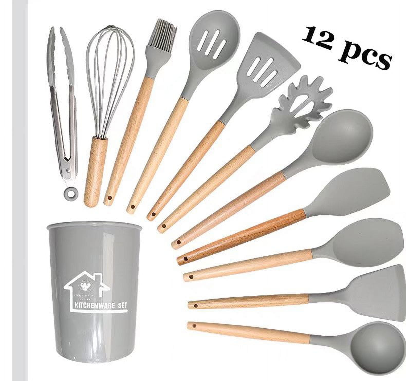 24 pieces Home Basics Karina HigH-Heat Resistance NoN-Stick Safe Silicone  Ladle With Easy Grip Beech Wood Handle, Grey - Kitchen Utensils - at 