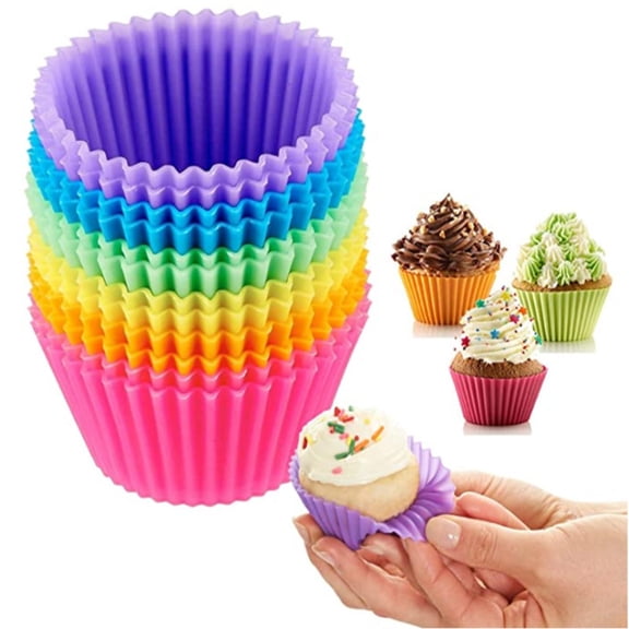 12 Pcs Silicone Muffin Cups Reusable Easy Clean Rainbow Baking Liners,Non-Stick Cupcake Mold Food Grade Oven Microwave Safe 3 Inch