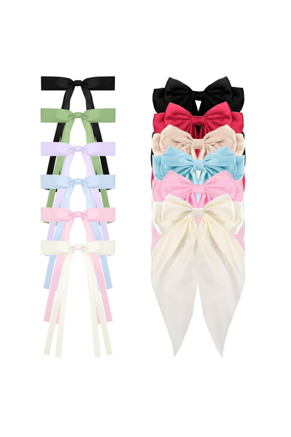 12 Pcs Silky Satin Hair Bows, Oversized Long Tail Bows with Barrette Clips, Coquette Hair Accessories for Women and Girls