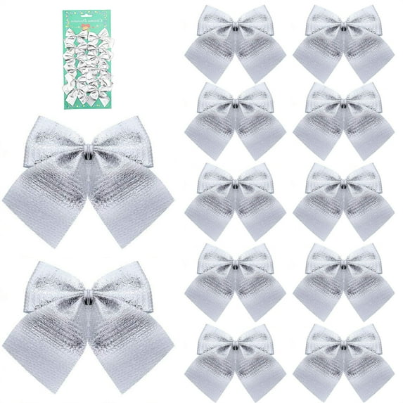 12 Pcs Silver Christmas Bows Ribbon Bowknot Ornaments Cute Xmas Tree Hanging Decoration Gift Wrapping DIY Crafts for Christmas Birthday Party Home Decor By Scheam