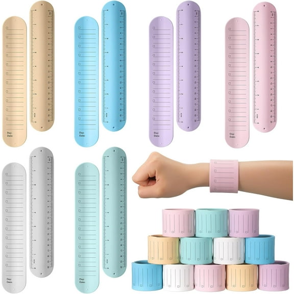 12 Pcs Slap Silicone Reminder Bracelet 9.4 x 1.8'' Reusable Wearable Wrist Notepad Writable Waterproof Erasable Wristband for Nurses Memo Watchband Wrist Strap Study(Pastel,Plaid)