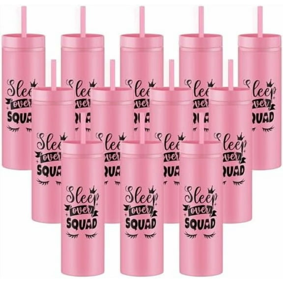 12 Pcs Sleepover Party Supplies for Girl 16oz Pink Skinny Tumblers with Lids and Straws Bulk Spa Squad Slumber Plastic Cups Reusable Coffee Party for Birthday Decoration Gift Favor