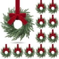 thumbnail image 1 of 12 Pcs Small Christmas Norfolk Wreaths Evergreen 12.6 Inch Christmas Kitchen Cabinet Mini Wreaths Real Touch with Bow and Burgundy Ribbon for Xmas Front Door Window Home Table Pillar Decor, 1 of 13