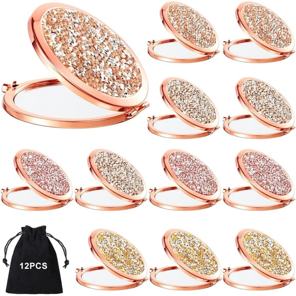 12 Pcs Small Compact Mirror Folding Pocket Makeup Mirror Round Hand Held Mirror Cosmetic Magnifying Compact Mirror Rhinestone Mirror with 1X/2X Magnification for Women Girls Travel(Assorted Colors)