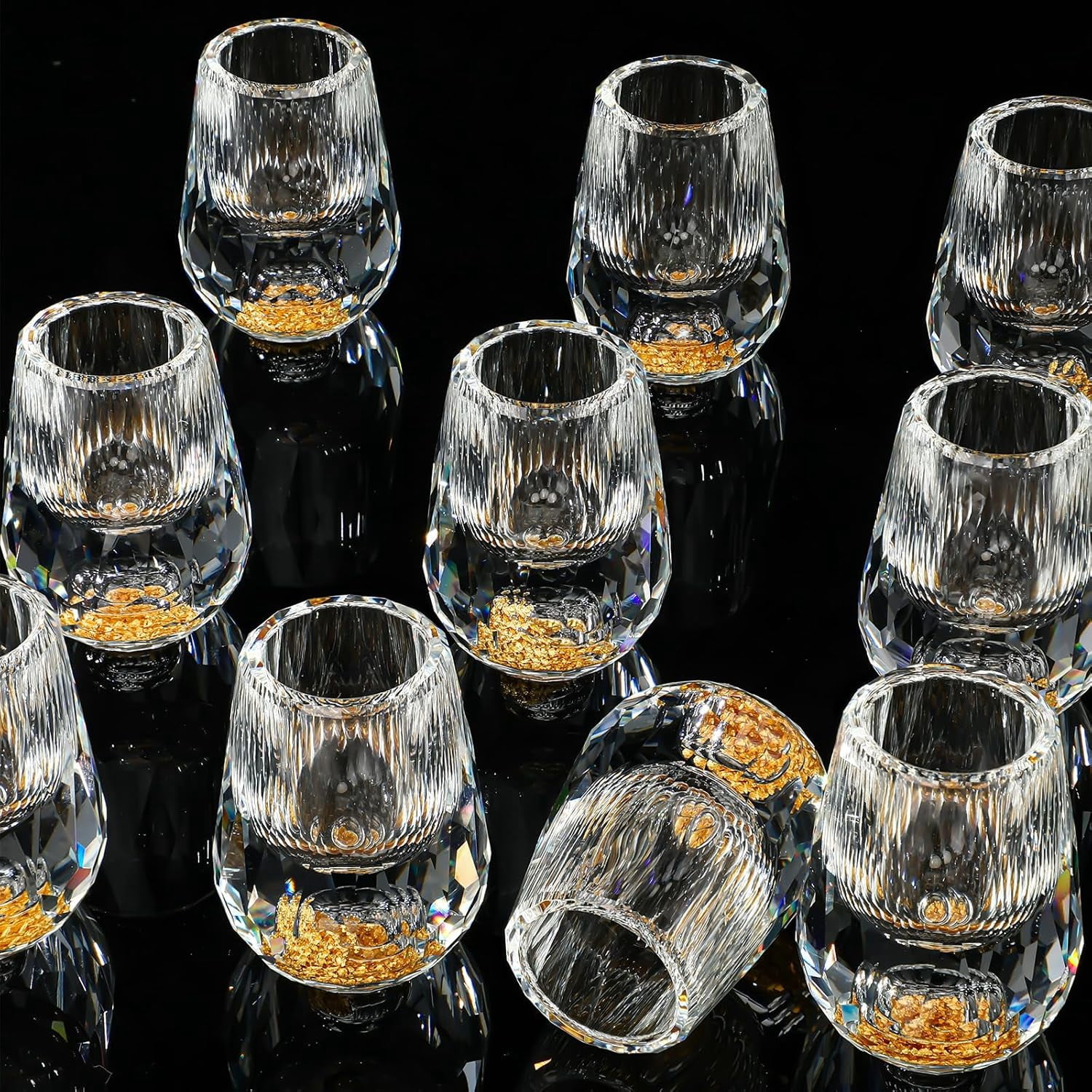 SIYOUKI Crystal Shot Glasses Set Of 2 - 0.5oz, 24K Gold Leaf Flakes, Lead-Free K9 Crystal, Handmade Diamond Design