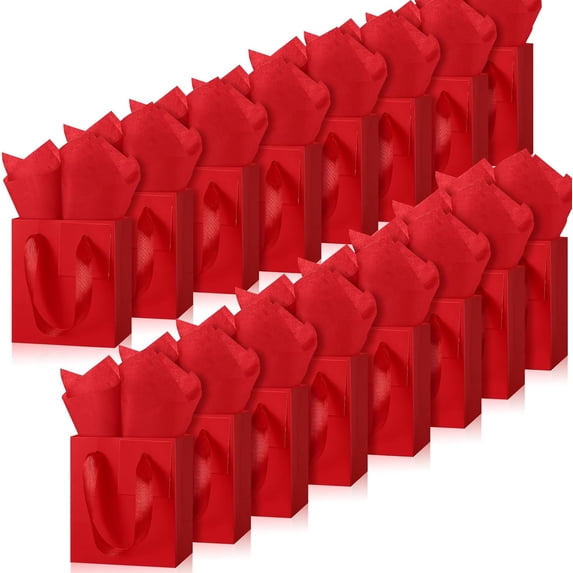 12 Pcs Small Gift Bags Mini Paper Bags Bulk Tiny with Handle Tissue for Jewelry Wrap Halloween Thanksgiving Christmas Birthday Party Favor Supply(4 * 2.8 * 4.5inch,Red)