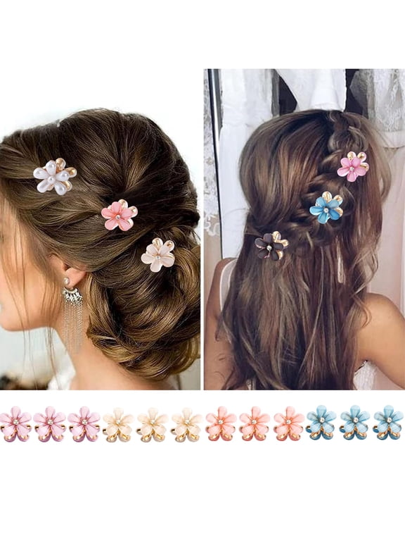 12 Pcs Small Hair Clips, Mini Pearl Claw Clips with Flower Design Artificial Bangs Clips Decorative Hair Accessories for Women