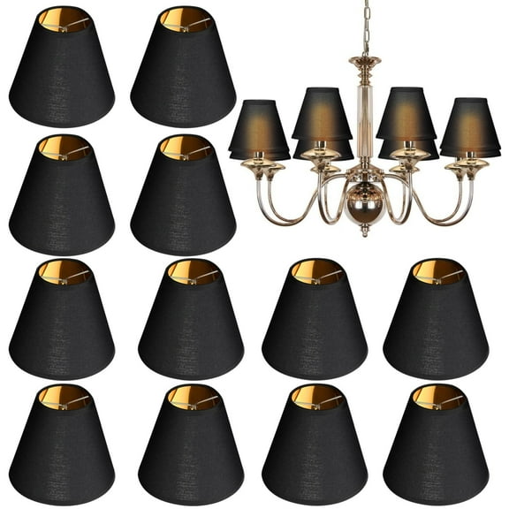 12 Pcs Chandelier Lamp Shades, 6 Inch Clip-on Black Fabric Lampshades with Golden Plastic Lining, Mini Lamp Shades for Bedside Table Lamps, Floor Lamps, Wall Lamps, 3.2 x 4.9 x 5.9 in
