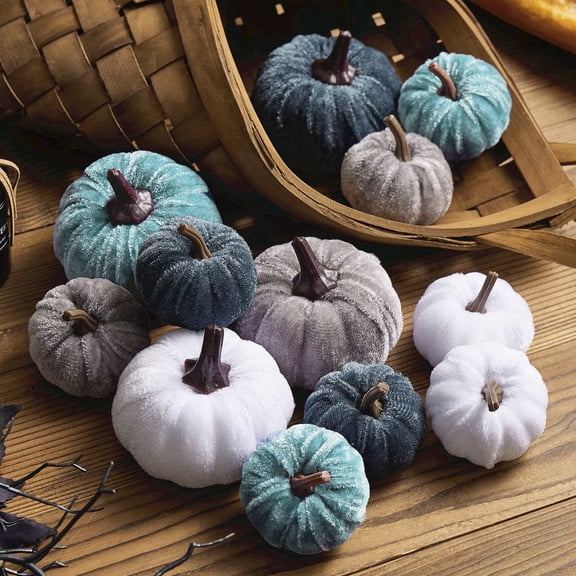 12 Pcs Small Velvet Pumpkins Artificial Pumpkins 2 Sizes for Fall Decor Wedding Thanksgiving Halloween Party Table Centerpiece Farmhouse Decoration, Green