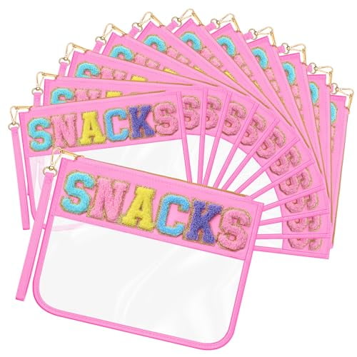 12 Pcs Snack Bags Clear Chenille Letter Snacks Zipper Pouch Waterproof PVC Large Travel Makeup Cosmetic Storage Organizer Bag for Mom Team Cheerleaders Teacher (Pink)