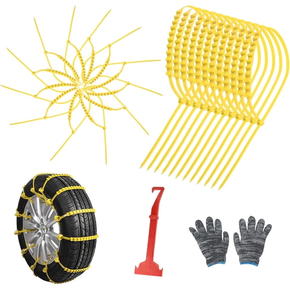 12 Pcs Snow Tire Chains - Portable Plastic Non-Slip Anti-Skid Traction Cables for Winter Driving/Fits Most Cars, SUV & Trucks/Emergency Use/Easy to Install & Adjustable (Yellow)