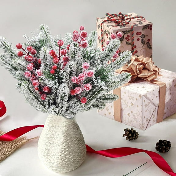 12 Pcs Snowy Cedar Berry Picks Christmas Frosted Pine Branches Artificial Red Berry Cedar Stems Faux Greenery Holly Berries Sprays for Xmas Tree Wreath Floral Arrangement Party Decor