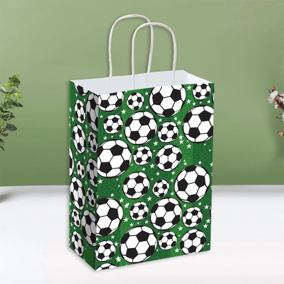 12 Pcs Soccer Party Favor Bags, Soccer Themed Party Gift Bags with Handles, Paper Gift Bags Soccer Goodie Bags Treat Candy Bags for Kids Adults Soccer Party Supplies