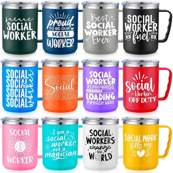 12 Pcs Social Worker Appreciation Mugs Thank You Gifts for Social Work Month 17 oz Inspirational Coffee Cups for Worker Employee Coworker Volunteer Holiday Party Favor(Cute)