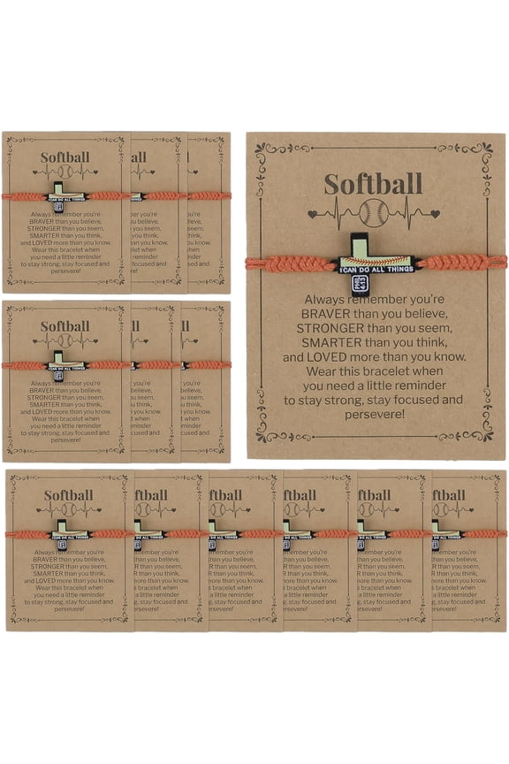 12 Pcs Softball Bracelets, Cross Charm with Meaningful Card, I Can Do All Things Message, Softball Gifts for Players, Teams, Coaches, Fans, Birthdays, Graduations, Competitions.