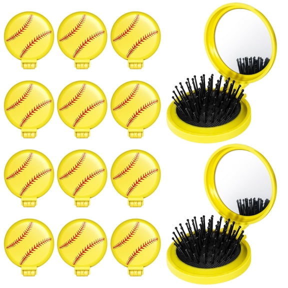 12 Pcs Softball Mini Detangler Brush, Folding Mirror Hair Brushes, Mini Travel Hair Brush, No Tangle Soft Flexible Bristles for Straight, Curly, Thick Hair for Softball Team Gift Sport Party
