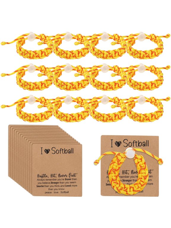 12 Pcs Softball Woven Cord Bracelets, Softball Party Favors, Adjustable Wristbands with Inspirational Cards, Sport Ball Bracelet for Softball Team Players, Suitable for Sport Birthday Party Christmas