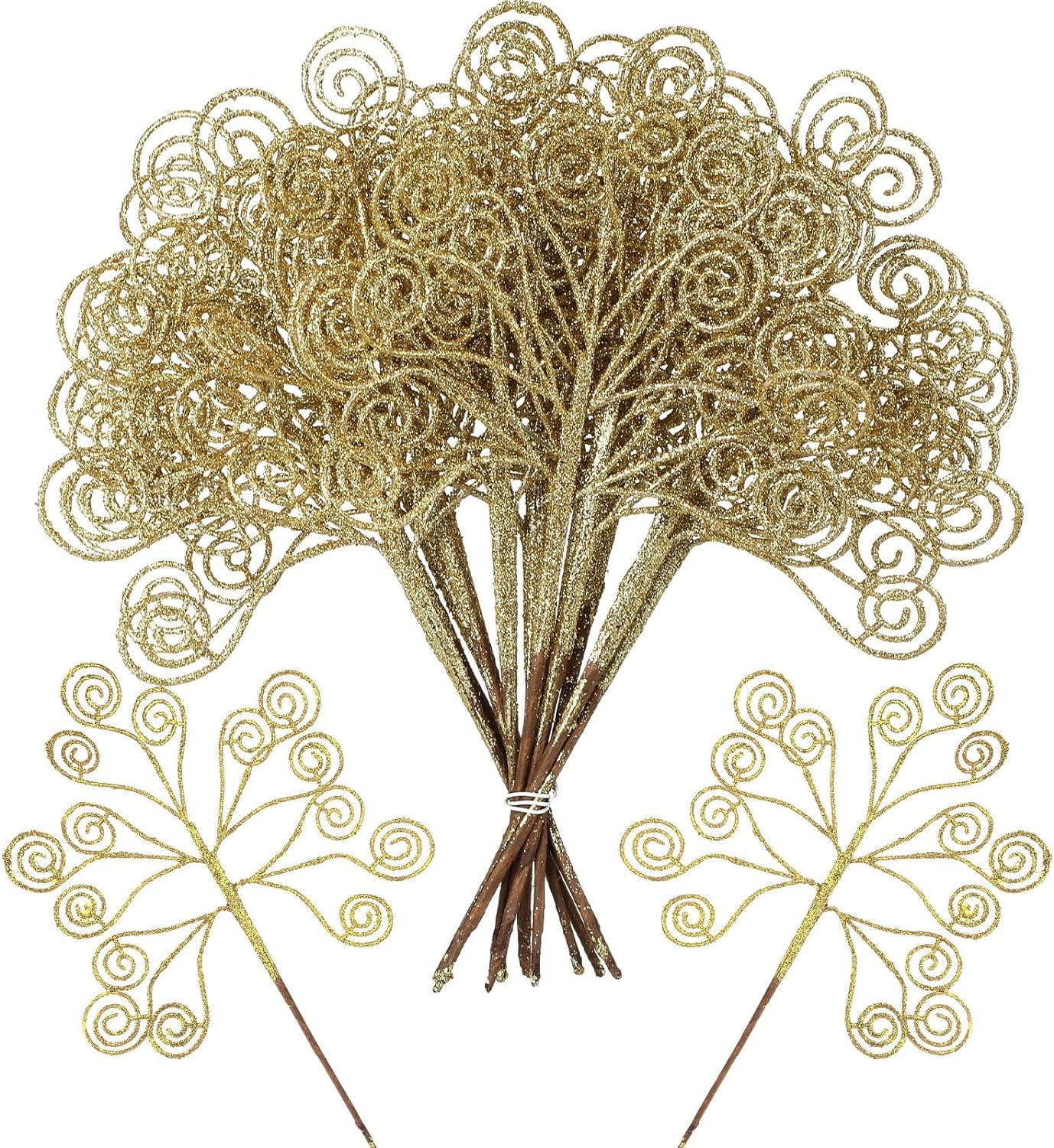 12 Pcs Sparkling Gold Glitter Curly Stems Christmas Ornaments 15