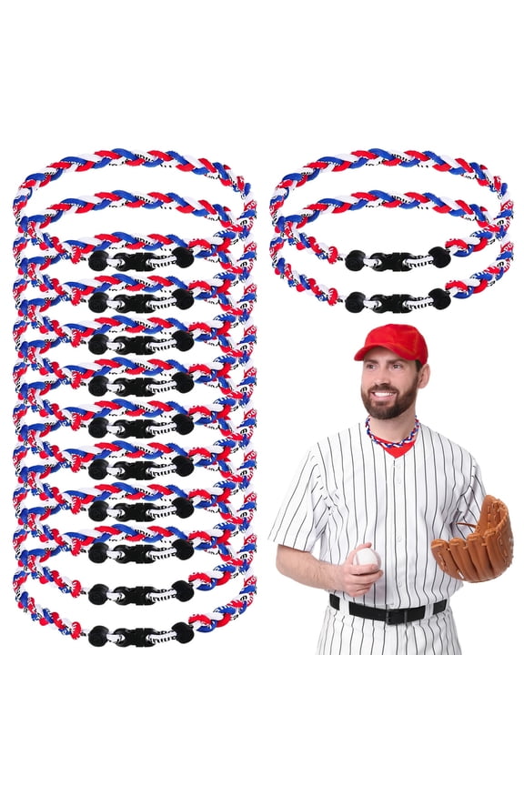 12 Pcs Sports Necklaces, Baseball Rope Chain, 18" Braided Accessory for Athletes, Red White Blue Team Spirit