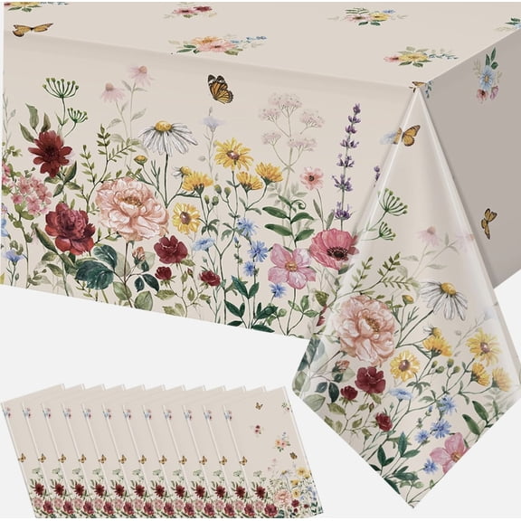 12 Pcs Spring Floral Tablecloth, Butterfly Wildflower Plastic Disposable Tablecloth Rectangle Table Covers 108 Inch, Colorful