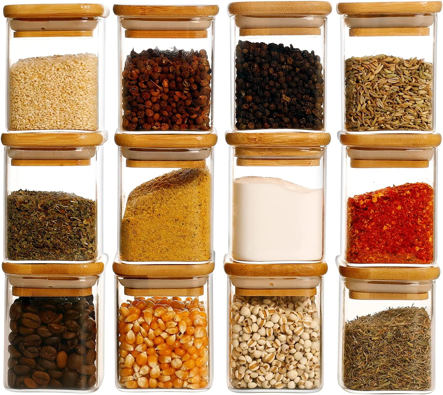 12 Pack Square Glass Spice Jars With Bamboo Lids - 5oz Airtight, 148 Waterproof Labels, Pantry Organization