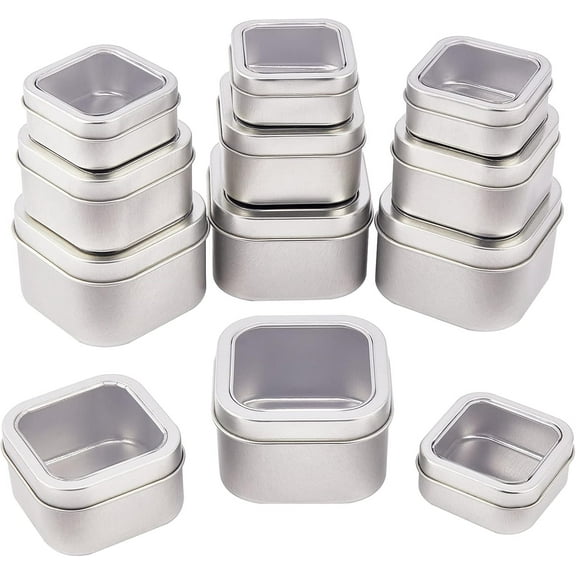 12 Pcs Square Tinplate Iron Tins Metal Tins with Clear Window Silver Tinplate Iron Storage Cans
