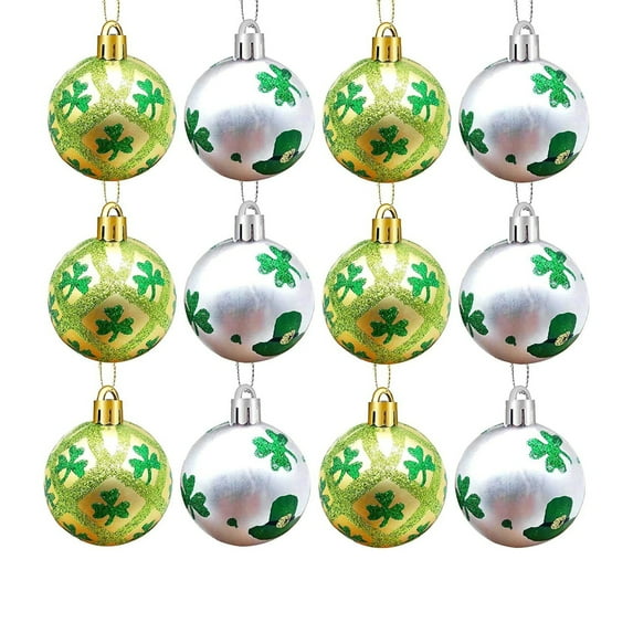12 Pcs St. Patrick's Day Hanging Ornaments - 2.36 Inch Plastic Baubles with Green Three-leaf & Hat Pattern, Irish Party Decor for Tree, Window, Door