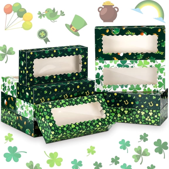 12 Pcs St. Patrick's Day Treat Boxes with Window Shamrock Printed Candy Cookie Boxes Cardboard Donut Containers Cake Pastry Pies Muffins Irish Party(12 x 5.5 x 2.5 Inch)