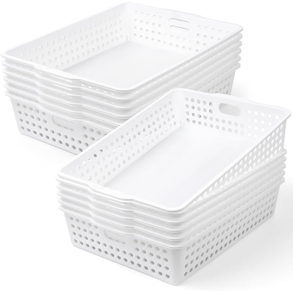 12 Pcs Stackable Plastic Storage Bins 14 x 10 In with Handles A4 Size Desktop File Organizer Tray Multi Purpose Container White