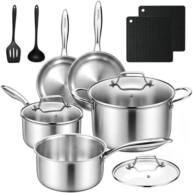 12 Pcs Stainless Steel Cookware Set, TAIMASI 3 Ply Pots and Pans Set, Induction & Oven Safe Kitchen Cookware Set, Non Toxic Kitchen Essential Cooking Set with Handle, Dishwasher Safe