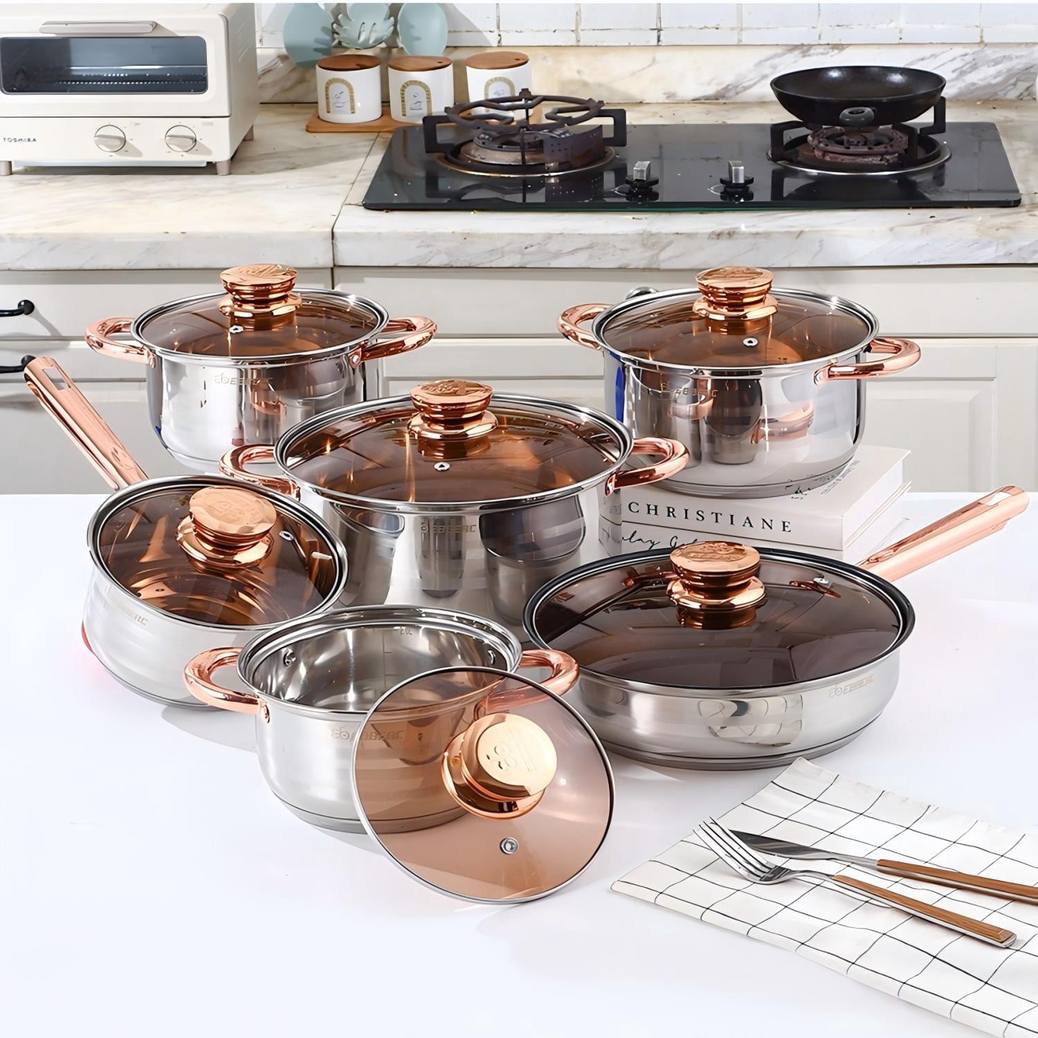 Behome 12Pcs Stainless Steel Cookware Set, Pots and Pans Set with Ergonomic Handles, Compatible with Induction, Electric, Gas Cooktops, Dishwasher Safe