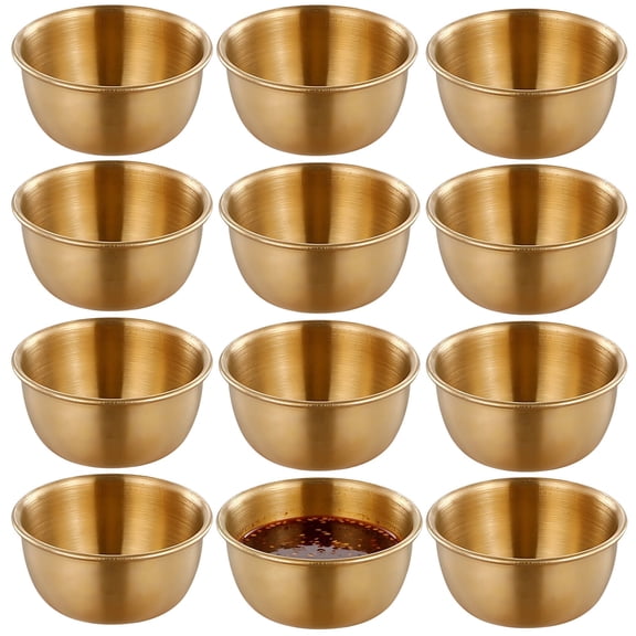 12 Pack Stainless Steel Dipping Sauce Cups with Lids, 2.4" Mini Golden Ramekins, Reusable Condiment Bowls, Safe Rolled Edge, Stackable for Kitchen, Picnic & Camping