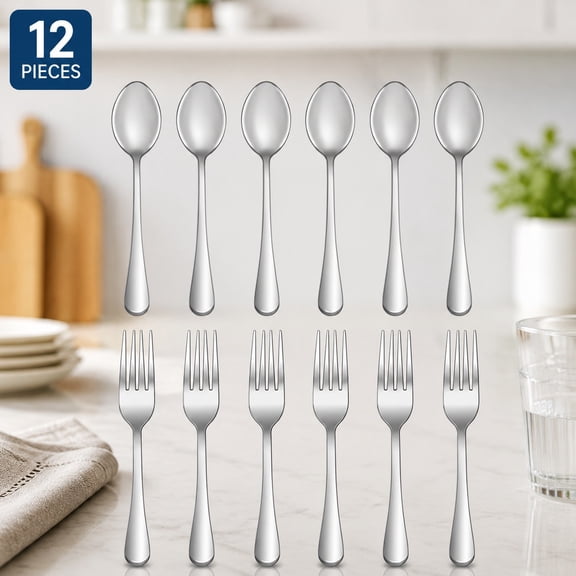 12 Pcs Stainless Steel Silverware Set, Mirror Polished Flatware Cutlery for Home, Kitchen & Restaurant - 6 Dinner Forks (8") & 6 Teaspoons (6.5"), Dishwasher Safe