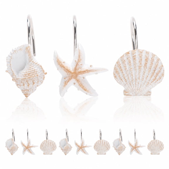 12 Pcs Starfish & Seashell Beach Shower Curtain Hooks, Decorative Coastal Ocean Hooks with Rust-Resistant Metal Rings, White