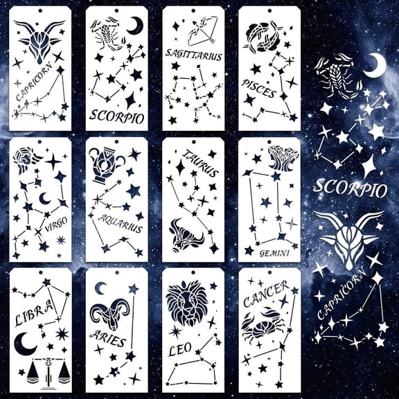 12 Pcs Stars Decorative Stencils 12 Styles Star and Moon Stencil Reusable Star Zodiac Constellation Painting Stencils Plastic