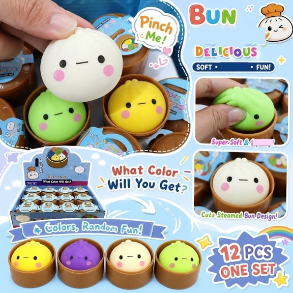 12 Pcs Steamed Bun Bao Dumpling Squishy Toy 4 Colors Random Box,Soft TPR Gel Steamer Basket Sensory Hand Stress Relief Fidget,Novelty Kawaii Food Figurine Desk Decor Party Favor Present