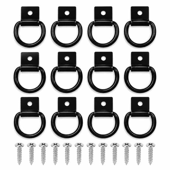 12 Pcs Steel D-Ring Tie Down Anchors, 1/4" Heavy Duty Trailer Lashing Rings for Cargo Net, Truck Bed, Garage, Pickup, SUV, Workshops, Cargo Storage Mount on Hooks, D Ring with Screws, Black