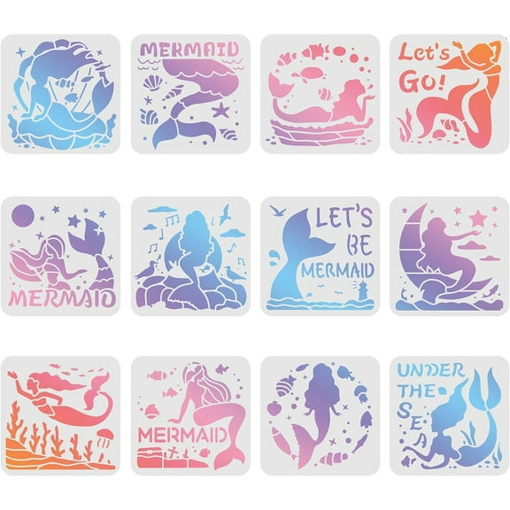 12 Pcs Stencils Theme Painting Templates Sets 8x8 inch Plastic Shells Fish Moon Conch Stars Pattern Stencils Ocean Theme Creatures Template for DIY Crafts Wall Decor Mixed Color