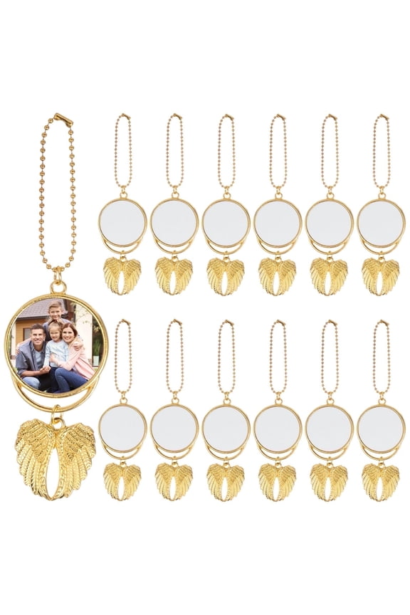 12 PCS Angel Wing Sublimation Keychain Blanks - DIY Personalized Car Pendants with Heat Transfer Sheets, Double-Sided Gold Alloy Charms for Custom Gifts