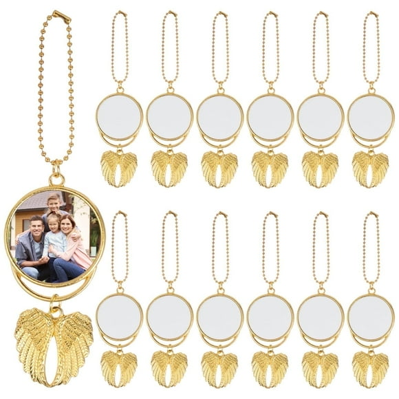 12 Pcs Angel Wings Sublimation Keychains, Double Side Heat Transfer Blanks, Car Pendants with Angel Wings Charms, Golden Keychains Hanging Ornament, Sublimation Hanging Charms for Making DIY