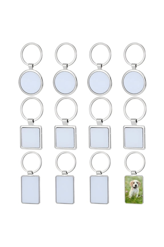 12 Pcs Sublimation Keychain Blanks, Metal Key Chain Set with Round, Square, and Rectangle Designs - DIY Heat Transfer Key Ring Pendants for Custom Photo Presents and Personalization