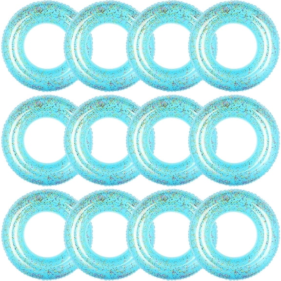 12 Pcs Summer Swim Rings with Glitter Fun Inflatable Pool Float Round Shaped Swimming Pool Tubes for Beach Party Supplies(Blue,23.6" l X 23.6" w)
