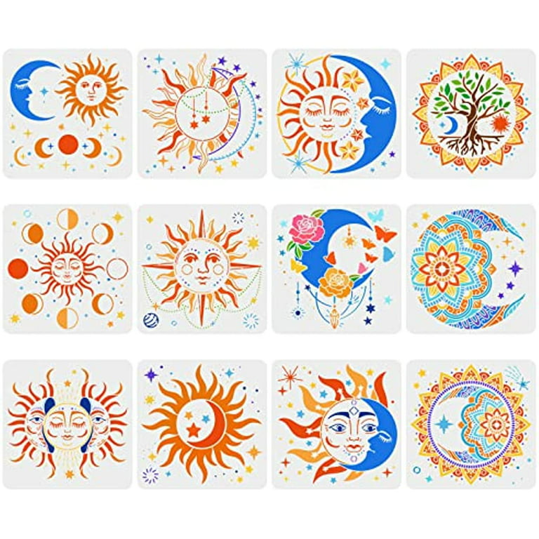 Moon Stencil Plastic Moon Stars Flowers Drawing Painting Stencils Flowers Mushroom Pattern Reusable Stencils for Painting on Wood Floor Wall and Tile
