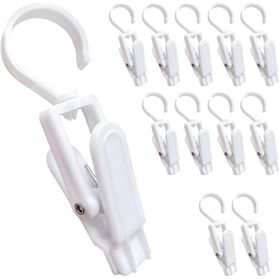 12 Pcs Super Strong Plastic Swivel Hanging Hooks, Curtain Clips, Clothes Pins, Beach Towel Clips, Home Swivel Laundry Clips for Hats, Pants, Towels, Socks, Pants (White)