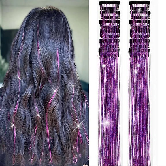 12 Pcs Synthetic Fiber Clip-in Hair Tinsel, Sparkly Glitter Hair Extensions for Christmas & New Year, Fairy Hair Accessories for Women & Girls
