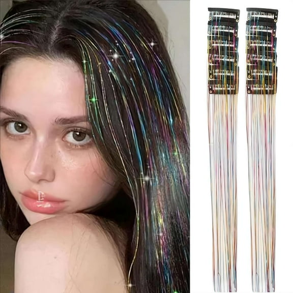 12 Pcs Synthetic Fiber Clip-in Hair Tinsel, Sparkly Glitter Hair Extensions for Christmas & New Year, Fairy Hair Accessories for Women & Girls